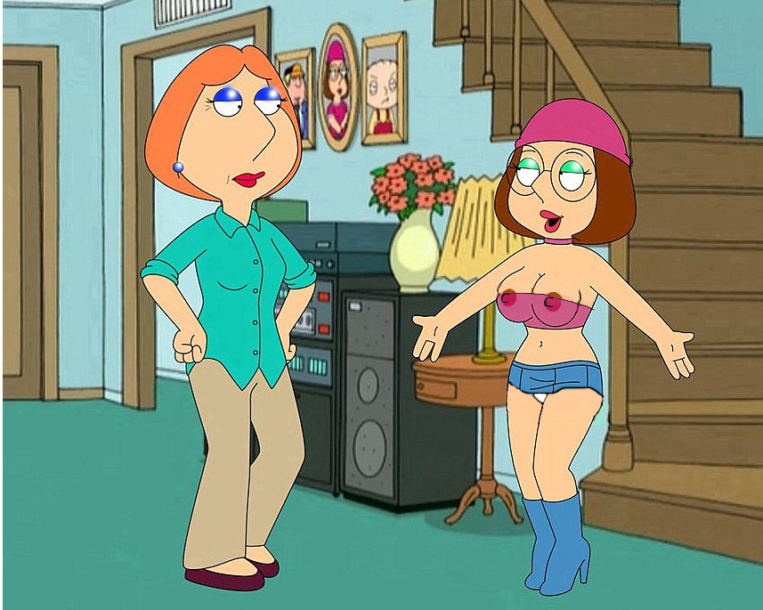 big_breasts boots cartoon_milf family_guy lois_griffin meg_griffin micro_skirt nipples panties see-through_clothes see-through_top slutty_outfit white_panties