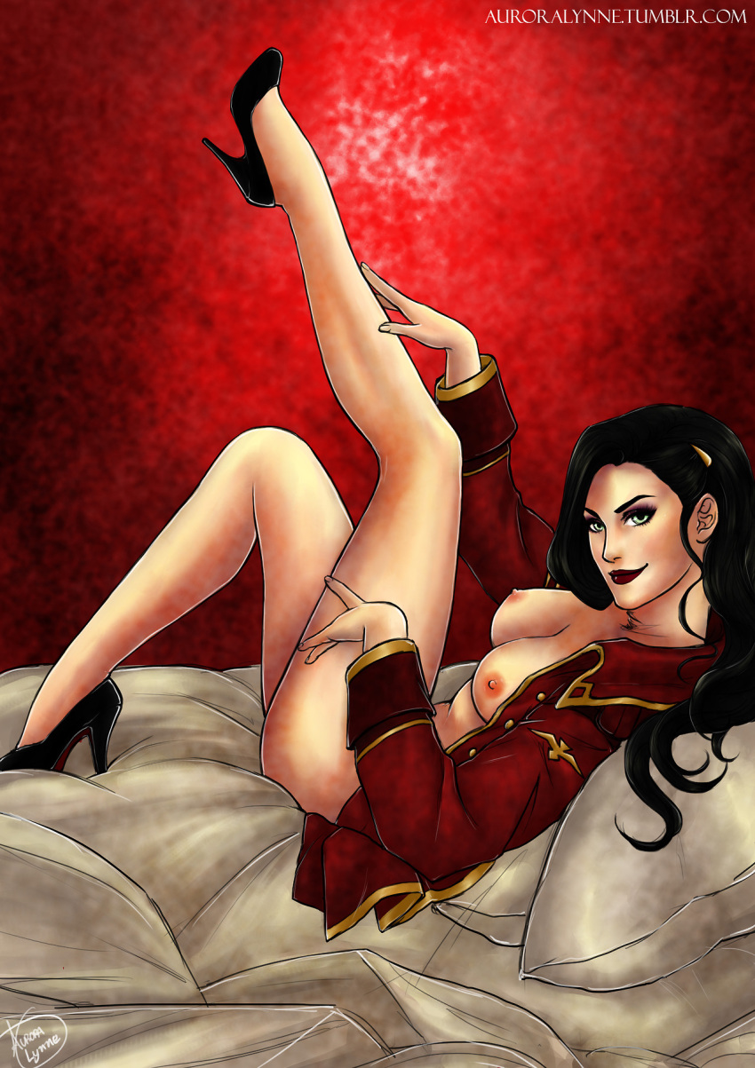 1girl asami_sato aurora-lynne avatar:_the_last_airbender babe black_hair breasts eyeshadow female female_only green_eyes hairclip high_heels leg_up lipstick looking_at_viewer lying makeup nipples on_back open_clothes open_shirt smile solo solo_female the_legend_of_korra uniform