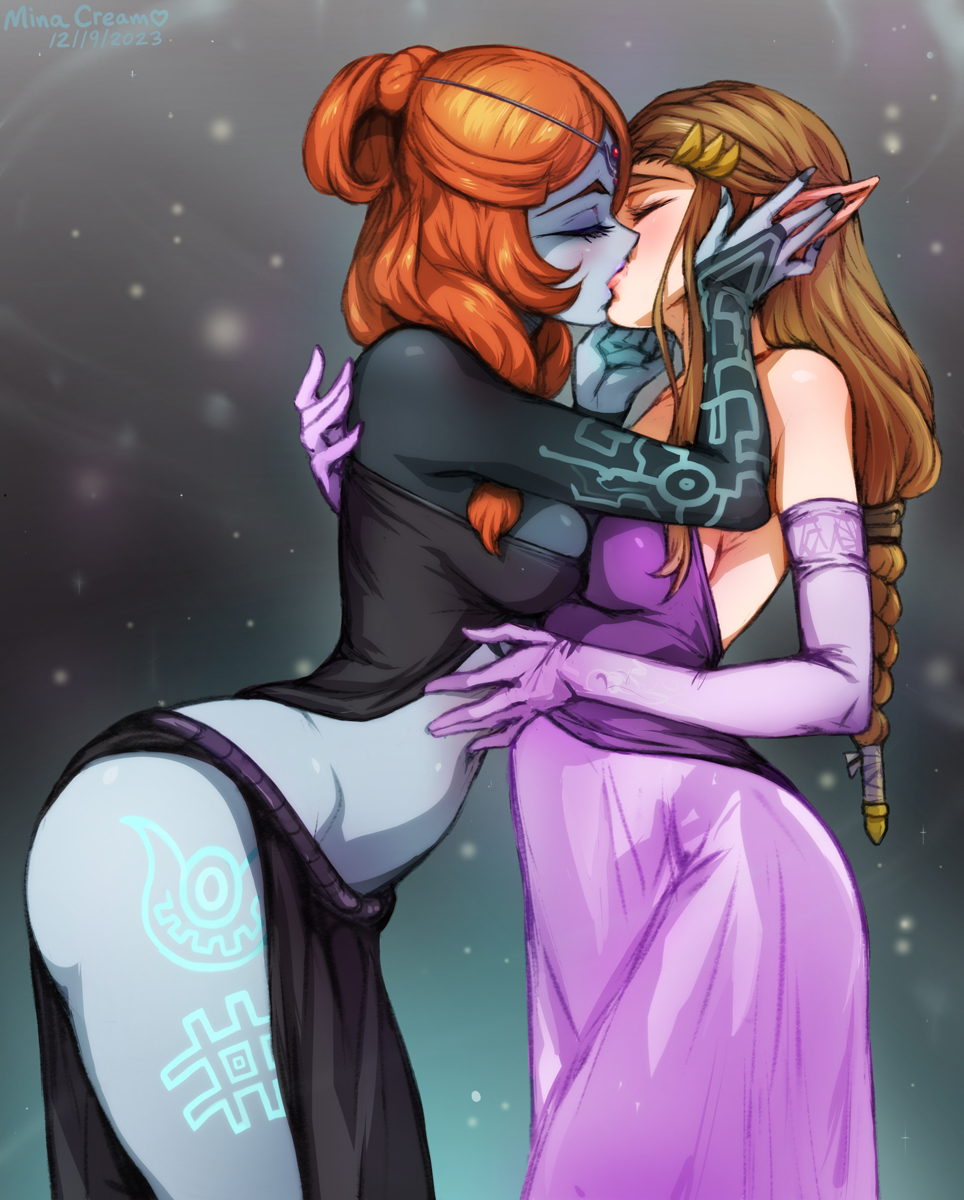 2_girls alluring brown_hair closed_eyes colored_skin dress front_ponytail hands_on_another's_face high_res kissing leaning_forward midna midna_(true) mina_cream multicolored_skin multiple_girls neon_trim nintendo orange_hair pink_dress pointy_ears princess_zelda the_legend_of_zelda the_legend_of_zelda:_twilight_princess thighs twili_midna two-tone_skin yuri