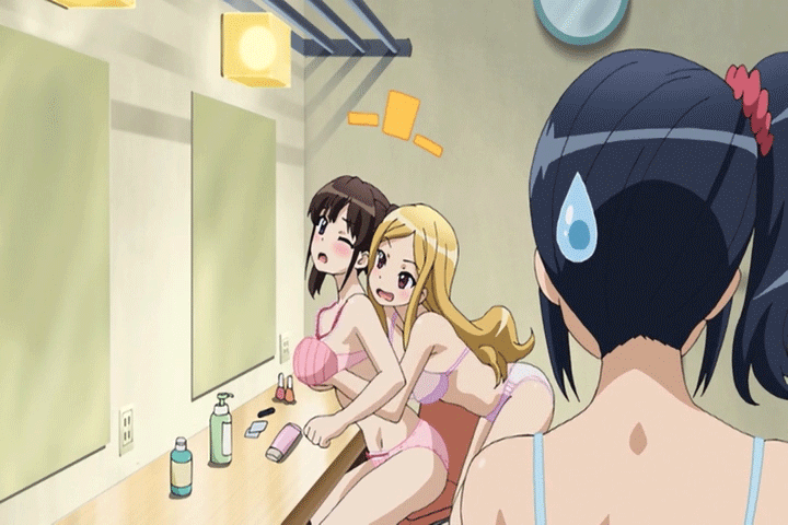 3girls :o ;o animated animated_gif ass_shake backstage bangs bare_shoulders bent_over big_breasts black_hair blonde_hair blue_bra blue_eyes blue_hair blush bottle bra breast_fondling breast_grab breasts chair cleavage clenched_hand female frilled_bra frilled_panties frills from_side gif grabbing grabbing_from_behind groping indoors kamii_maki katekano:_idol_sister katekano_idol_sister large_breasts lingerie long_hair mirror multiple_girls naughty_face ooizumi_maina open_mouth panties parted_bangs pink_bra pink_panties pinstripe_pattern purple_bra purple_eyes purple_panties scrunchie short_hair short_ponytail short_twintails side_ponytail sidelocks sitting strap_gap sweatdrop swept_bangs takano_ayaka twintails underwear underwear_only wavy_hair wince yuri