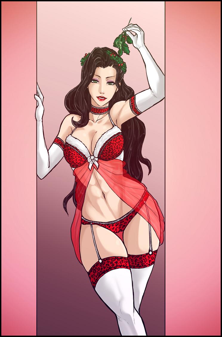 1girl abs asami_sato avatar:_the_last_airbender babe babydoll belly big_breasts bra breasts brown_hair choker christmas cleavage dick_hammersmith doorway elbow_gloves eyeshadow female_only female_solo garter_straps gloves green_eyes hair hair_ornament highres leaning leopard_print lingerie lips lipstick long_hair looking_at_viewer makeup mistletoe muscle navel panties pose red_bra red_panties revealing_clothes see-through skindentation smile solo solo_female standing stockings the_legend_of_korra thigh_gap underwear underwear_only wavy_hair white_gloves white_legwear