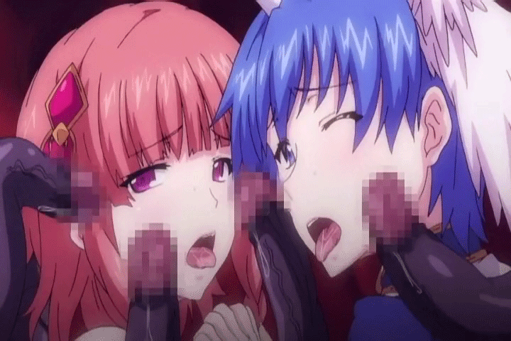 2girls animated animated_gif anime blue_hair breasts breasts_outside censored cleavage female gif hentai huge_breasts multiple_girls nipples one_eye_closed pandra patricia_garlond red_hair redhead shinkyoku_no_grimoire short_hair tentacle tongue tongue_out yuniko_wingdohose