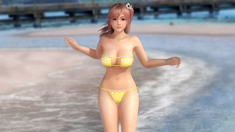 1girl 3d arms babe bare_legs bare_shoulders beach big_breasts bikini breasts cleavage cleavage_cutout dead_or_alive dead_or_alive_5 female honoka legs lips long_hair looking_at_viewer midriff navel neck pink_hair red_eyes sand side-tie_bikini side_ponytail solo standing strapless strapless_bikini strapless_swimsuit swimsuit team_ninja tecmo tubetop water yellow_bikini yellow_swimsuit