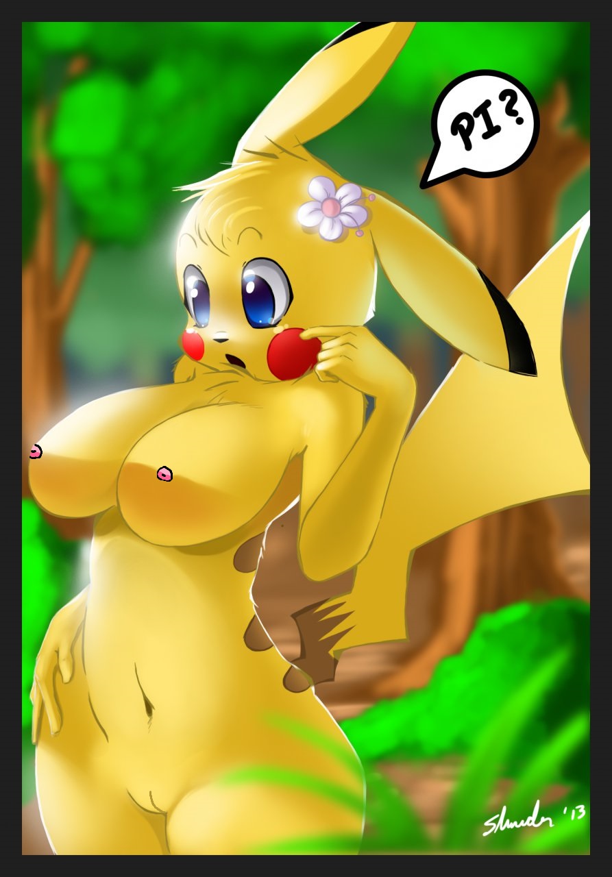 2013 anthro anthrofied blue_eyes breasts creature cute female_anthro flower forest mouse navel nintendo nude pikachu pink_nipples pokemon pussy remake rodent shnider_(artist) solo tree video_games