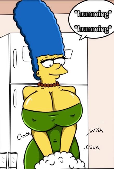1girl big_breasts blue_hair breasts caption cleavage clothed curvy dh6966_(artist) green_dress huge_breasts long_hair marge_simpson milf necklace pearl_necklace revealing_clothes sexy skin_tight slut soap standing text the_simpsons washing yellow_skin