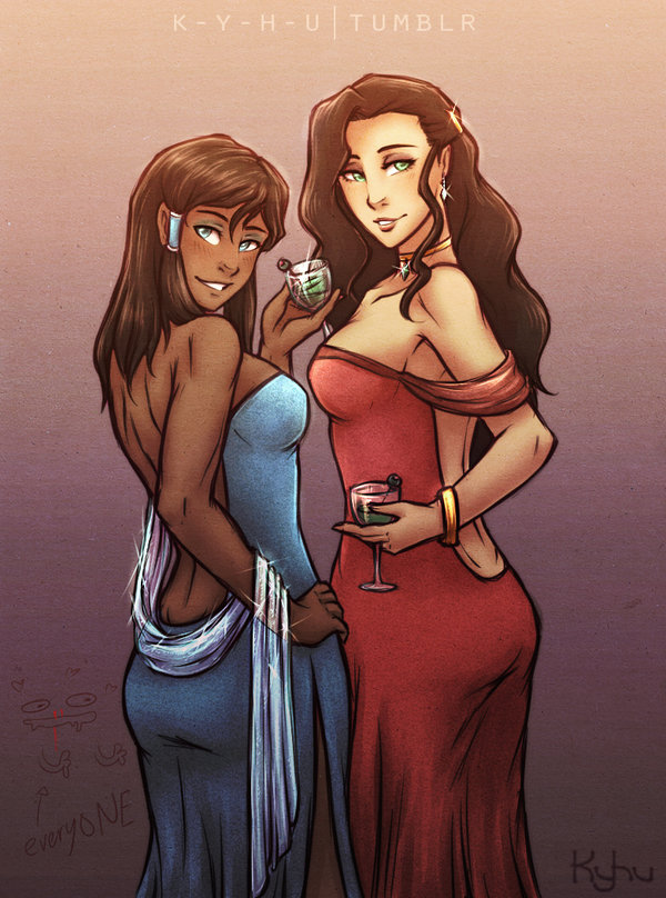 2_girls 2girls alcohol alternate_hairstyle arms asami_sato ass avatar:_the_last_airbender back backless bangle bare_back black_hair blue_dress blue_eyes blush bracelet breasts brown_hair choker cocktail cocktail_dress dark-skinned_female dark_skin dimples_of_venus dress drink earrings eyeshadow female female/female female_only formal from_behind glass green_eyes grin hair_between_eyes hair_down hair_ornament hair_tubes hairclip hand_on_hip high_res highres holding iahfy interracial jewelry k-y-h-u korra lips lipstick long_hair looking_at_viewer looking_back makeup multiple_girls mutual_yuri neck necklace nose off-shoulder_dress open-back_dress pendant red_dress shawl side_slit smile strapless strapless_dress teeth the_legend_of_korra the_legend_of_korra* toned yuri