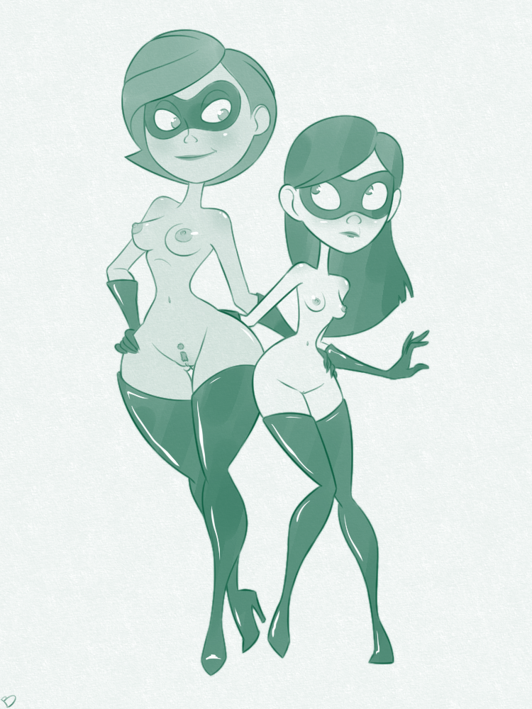 2girls boots breasts disney elastigirl erect_nipples female gloves hair long_hair looking_down looking_up mask milf mother_and_daughter multiple_girls nake nipples nude roger_bacon shiny shiny_skin short_hair the_incredibles violet_parr wide_hips