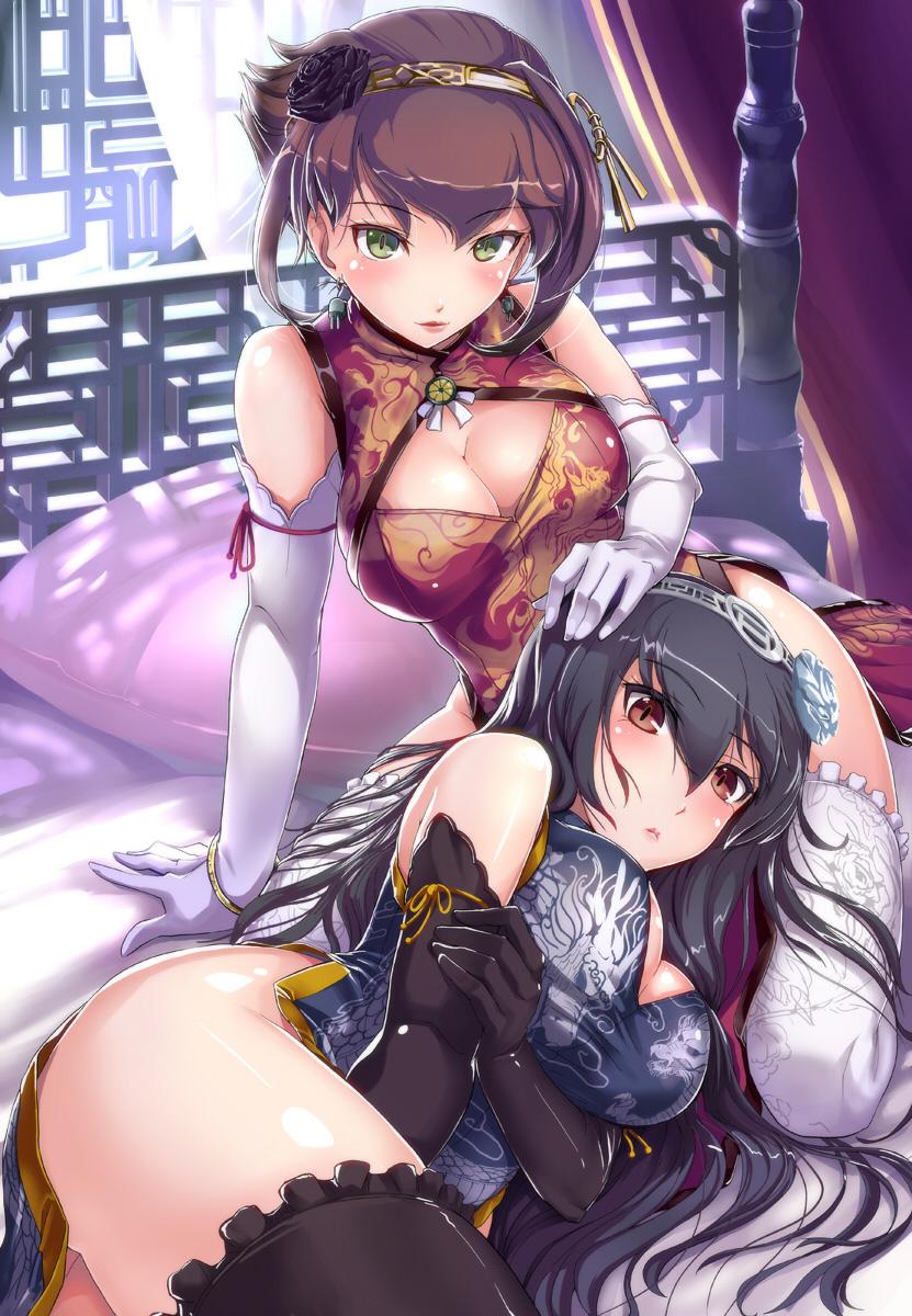 2girls bed big_breasts black_gloves black_legwear blush bracelet breasts brown_eyes brown_hair china_dress chinese_clothes cleavage cleavage_cutout curvy dress earrings elbow_gloves female flower gloves green_eyes hand_on_another's_head hand_on_head headgear hi-ho- high_res highres jewelry kantai_collection large_breasts lingerie long_hair looking_at_viewer multiple_girls mutsu_(kantai_collection) nagato_(kantai_collection) no_panties open_mouth pillow shiny shiny_skin short_hair sitting stockings thick_thighs thighhighs thighs underwear white_gloves white_legwear wide_hips yuri
