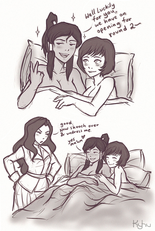 3_girls 3girls arms asami_sato avatar:_the_last_airbender bed bed_sheet blush breasts cleavage clothed_female_nude_female comic cuddling dark_skin english female female/female female_only friends harem heart iahfy k-y-h-u korra lipstick love lying monochrome multiple_girls mutual_yuri naughty_face nude nude_cover on_back on_side opal_bei_fong open_mouth pillow ponytail smile sparkle standing talking the_legend_of_korra the_legend_of_korra* under_covers yuri