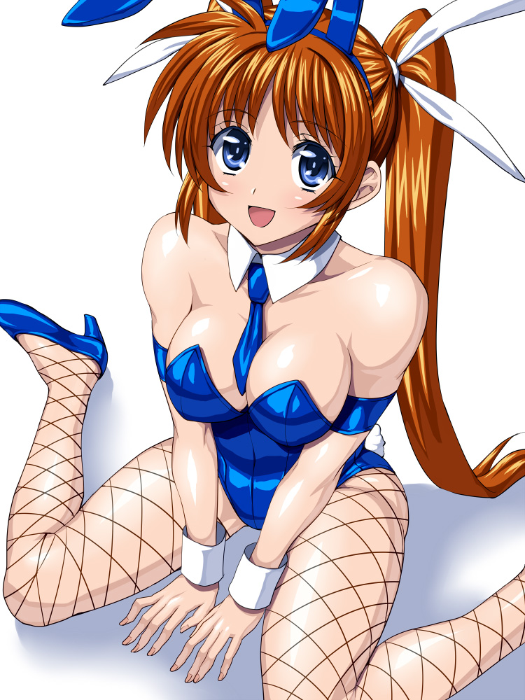 1_girl 1girl :d animal_ears anzu_(onelelee) arm arm_support armband arms art babe bare_shoulders between_breasts blue_eyes blue_high_heels blue_necktie blush breasts brown_hair bunny_ears bunny_girl bunny_tail bunnysuit cleavage cuffs detached_collar fake_animal_ears female fishnet_pantyhose fishnets from_above hair_ribbon happy high_heels high_res legs leotard long_hair looking_at_viewer lyrical_nanoha mahou_shoujo_lyrical_nanoha_strikers neck_tie necktie open_mouth pantyhose ribbon sen_(sansui) shadow shiny shiny_hair shiny_skin sitting smile solo strapless tail takamachi_nanoha twin_tails twintails v_arms wariza white_background wrist_cuffs