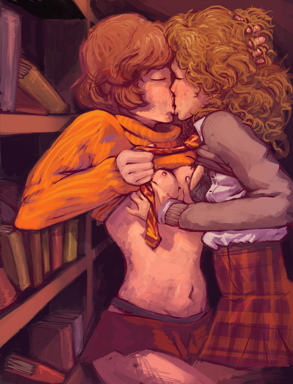 2_girls 2girls book breast_grab breasts crossover female female_only glasses hanna-barbera harry_potter hermione_granger kissing library scooby-doo shirt_lift skirt sweater sweater_lift velma_dinkley yuri