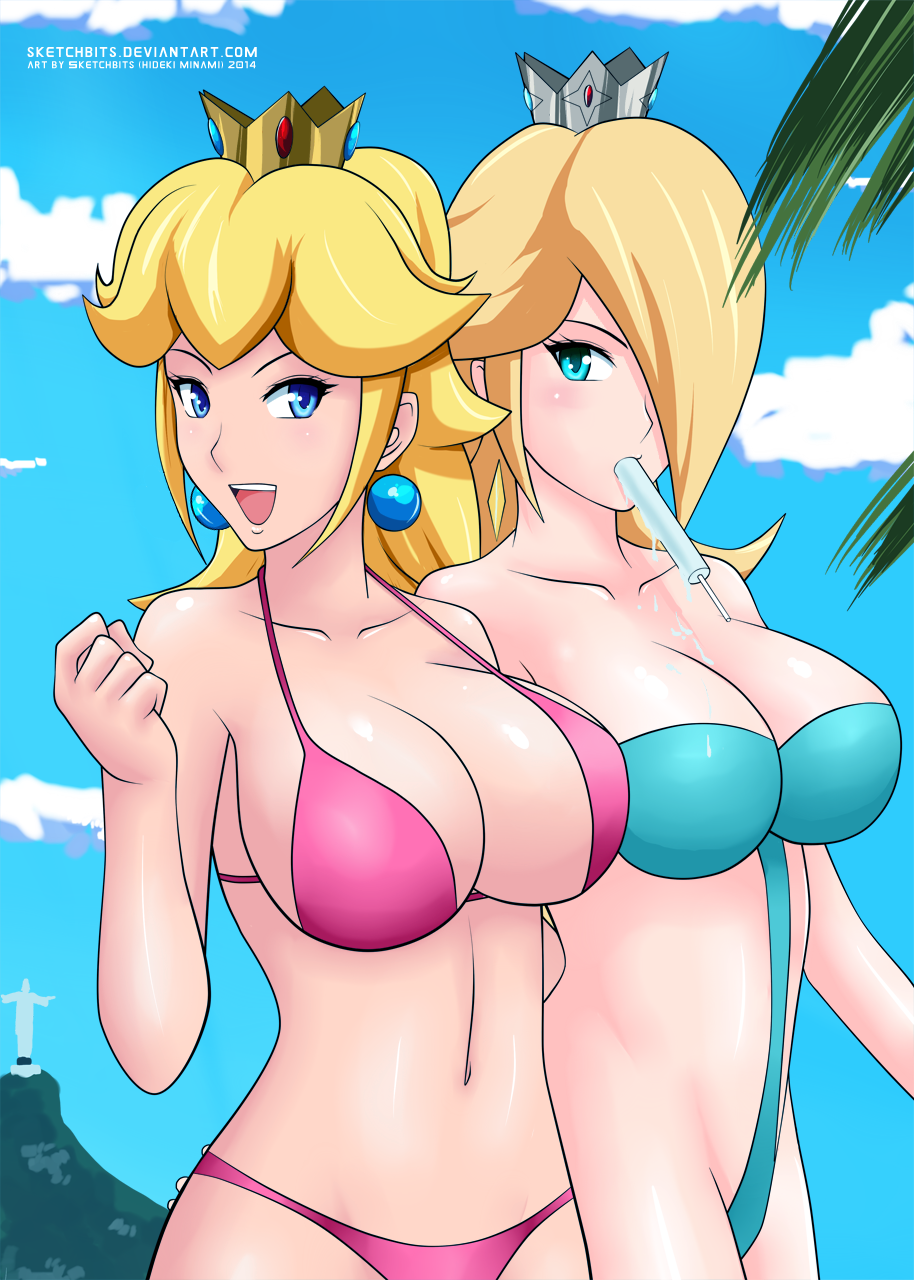 2_girls aqua_eyes arm arms art babe bare_shoulders beach big_breasts bikini blonde_hair blue_eyes blush breasts cleavage clenched_teeth cloud collarbone crown earrings female food friends hair_over_one_eye jewelry long_hair looking_at_viewer mario_(series) midriff mouth_hold multiple_girls navel neck nintendo one-piece_swimsuit open_mouth pink_bikini pink_swimsuit popsicle princess_peach princess_rosalina rosalina sketchbits sky smile strapless strapless_bikini strapless_swimsuit super_mario_bros. super_smash_bros. swimsuit