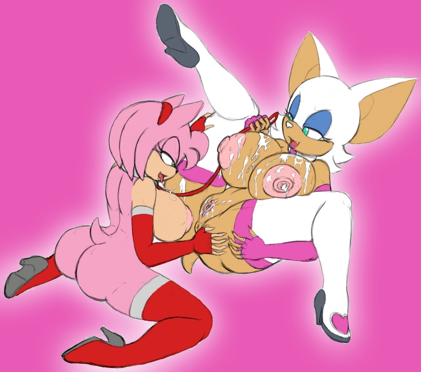 2girls amy_rose anthro anus ass breasts female female_only furry huge_breasts large_breasts nude pussy rouge_the_bat sonic_(series) yuri