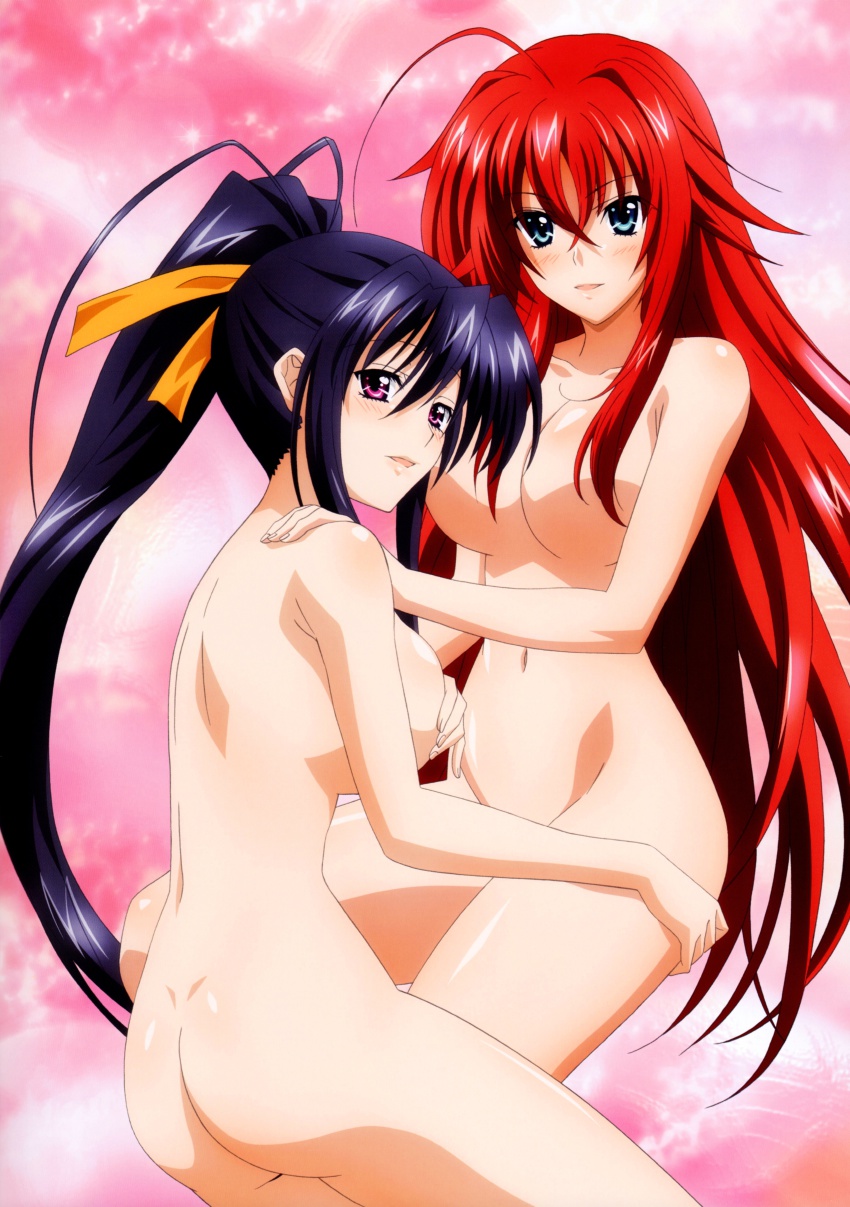 2girls :d absurd_res absurdres ahoge akeno_himejima antenna_hair ass ass_grab babe back bangs big_breasts black_hair blue_eyes blush body_blush breasts censored collarbone convenient_censoring covering covering_breasts cowboy_shot dimples_of_venus female friends hair hair_between_eyes hair_censor hair_intakes hair_over_breasts hair_ribbon hand_on_another's_shoulder hand_on_shoulder high_school_dxd highres himejima_akeno huge_ahoge inviting large_breasts leg_grab looking_at_viewer looking_back mound_of_venus multiple_girls mutual_yuri navel neck nude nude_cover nyantype official_art open_mouth payot pink_background ponytail pose profile purple_eyes purple_hair red_hair rias_gremory ribbon scan shiny shiny_hair shiny_skin sideboob slender_waist smile uchida_takashi very_long_hair wide_hips yuri