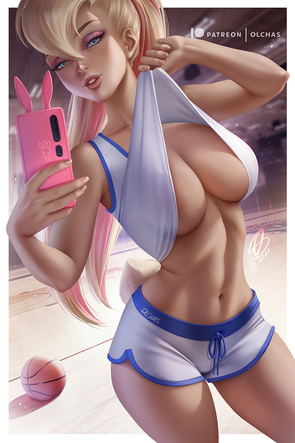 1girl basketball basketball_uniform big_breasts blonde_hair blue_eyes breasts cellphone cleavage female_only human human_only humanized lola_bunny long_hair looking_at_viewer looney_tunes olchas phone realistic selfpic space_jam warner_brothers