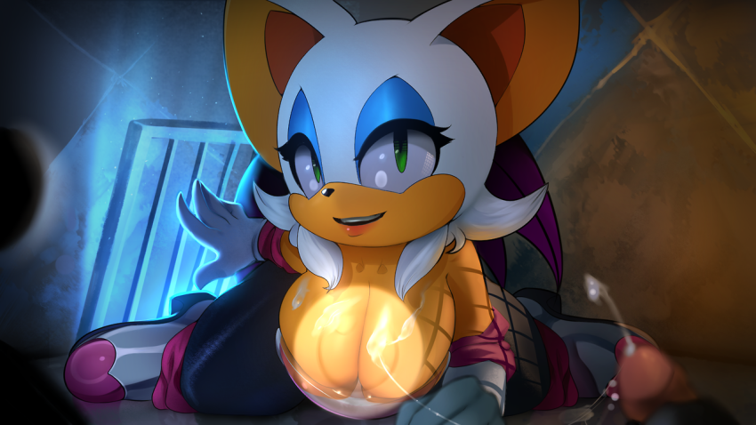 1girl anthro big_breasts breasts cleavage cum rouge_the_bat sonic_(series)
