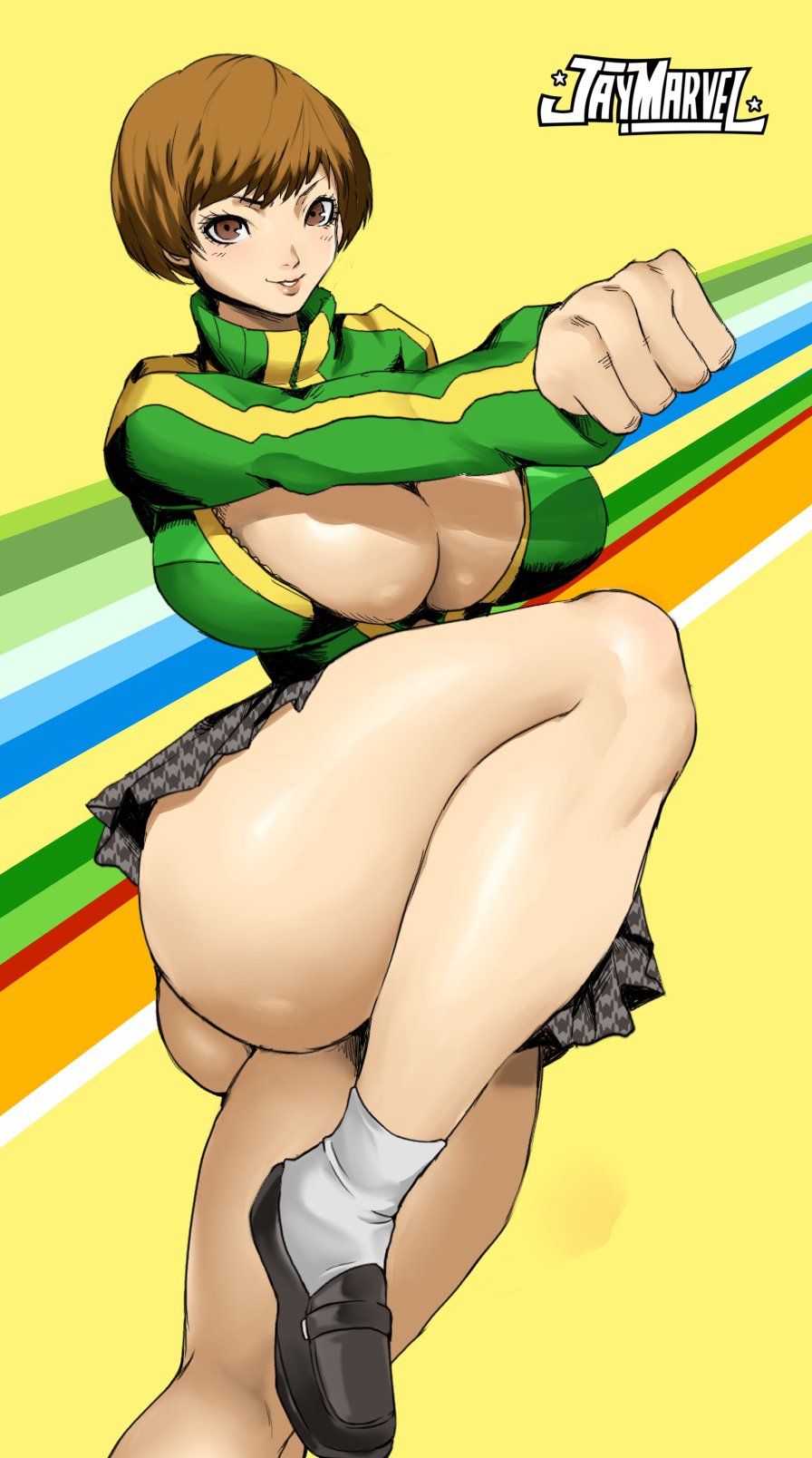 1girl 2020 alternate_breast_size alternate_version_available ass atlus big_breasts breasts brown_eyes brown_hair chie_satonaka cleavage color huge_ass huge_breasts jay-marvel light-skinned_female light_skin persona persona_4 persona_4_the_golden satonaka_chie short_hair thick_thighs tomboy top_heavy
