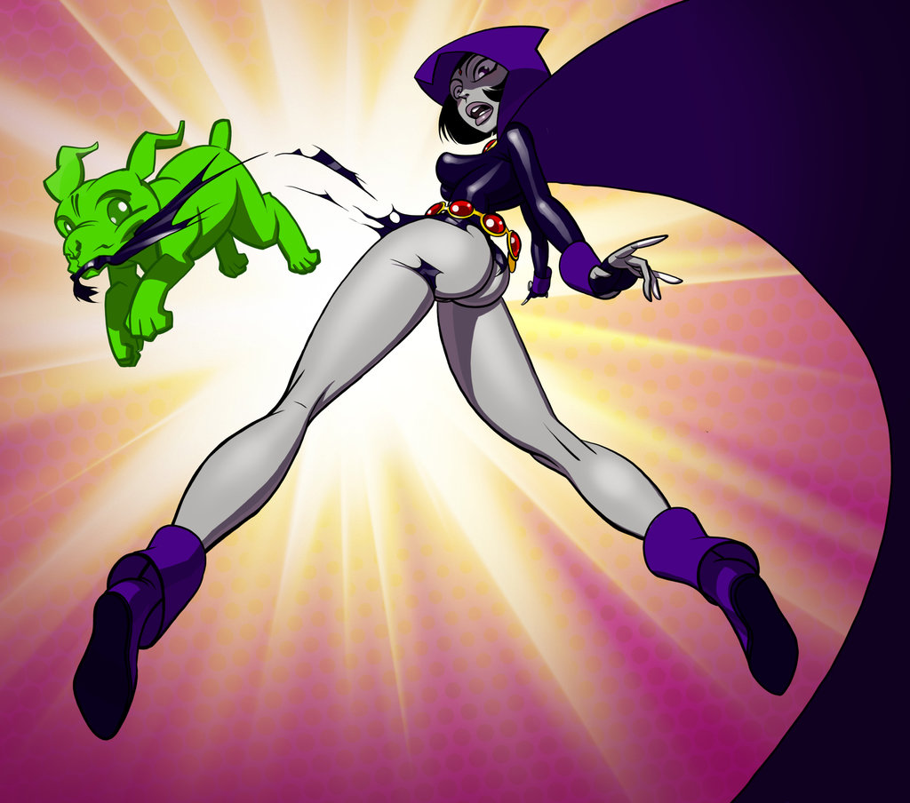 ass beast_boy boots bottomless cape dc_comics dog embarrassing female fingerless_gloves gao23 gloves goth green_eyes grey_skin hood looking_back looking_down male male/female no_panties prank purple_eyes purple_hair raven_(dc) smile surprise surprised teen_titans torn_clothes torn_clothing