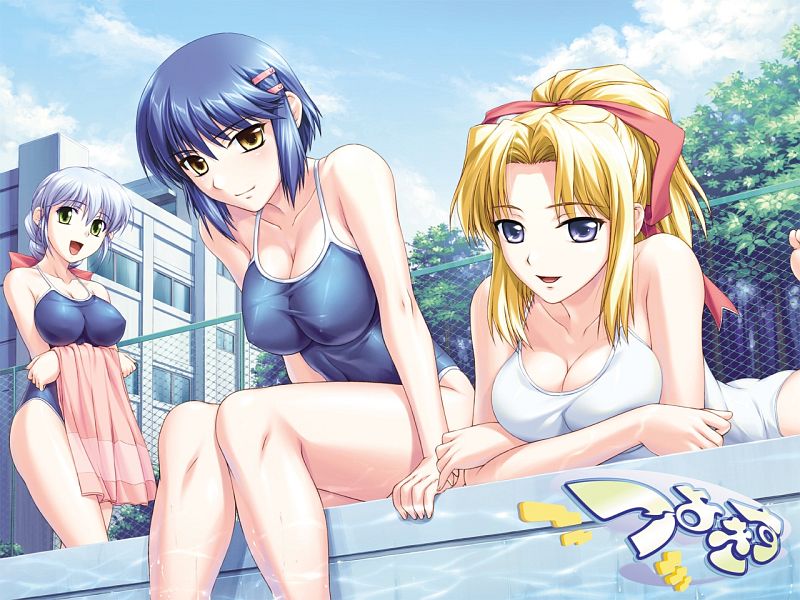 3girls arm_support arms babe big_breasts blonde_hair blue_eyes blue_hair braid breast_hold breast_rest breasts chain-link_fence cleavage crossed_arms fence game_cg green_eyes happy high_res kiriya_erika kurogane_otome lying multiple_girls non-nude on_stomach one-piece_swimsuit outside pool poolside satou_yoshimi shiny shiny_clothes shironeko_sanbou short_hair sitting skin_tight smile standing swimsuit towel tsuyokiss wallpaper yellow_eyes