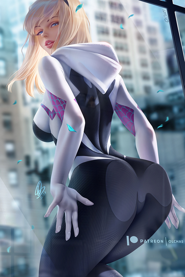 1girl against_glass ass ass_on_glass big_ass big_breasts comic_book_character female_only ghost_spider gwen_stacy hand_on_glass looking_at_viewer looking_back marvel marvel_comics olchas older older_female pussy_on_glass spider-gwen spider-man:_into_the_spider-verse spider-man_(series) young_adult young_adult_female young_adult_woman