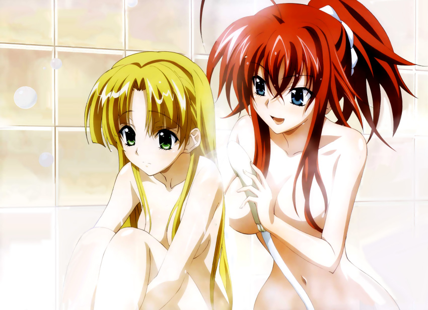 2girls :d age_difference ahoge alternate_hairstyle arm arms art asia_argento babe bare_legs bare_shoulders bath bathing big_breasts blonde blonde_hair blue_eyes blush breasts bubble censored convenient_censoring female friends green_eyes hair hair_between_eyes hair_over_breasts happy high_school_dxd highres holding hose large_breasts legs looking_at_another multiple_girls nude official_art open_mouth ponytail red_hair rias_gremory scrunchie shiny shiny_hair shiny_skin shower shy small_breasts smile steam tatezaki_hiroshi very_long_hair water yuri