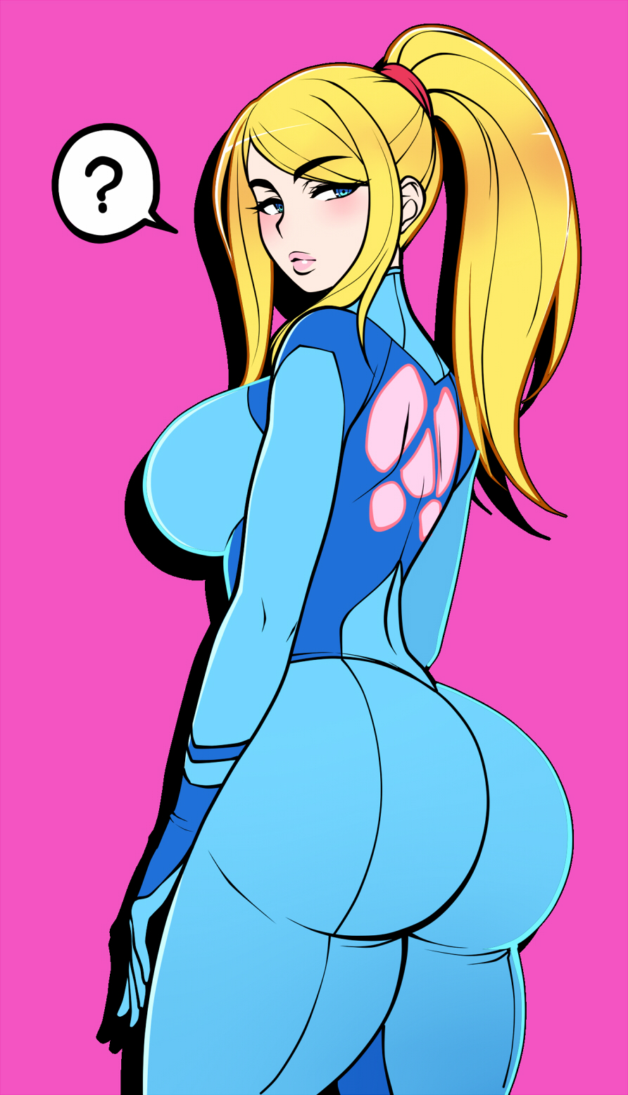 1_girl 1girl ass big_breasts blonde blonde_hair blue_eyes clothed dat_ass female female_only huge_ass jam-orbital long_hair looking_at_viewer metroid nintendo ponytail samus_aran sideboob solo standing tight_clothes zero_suit