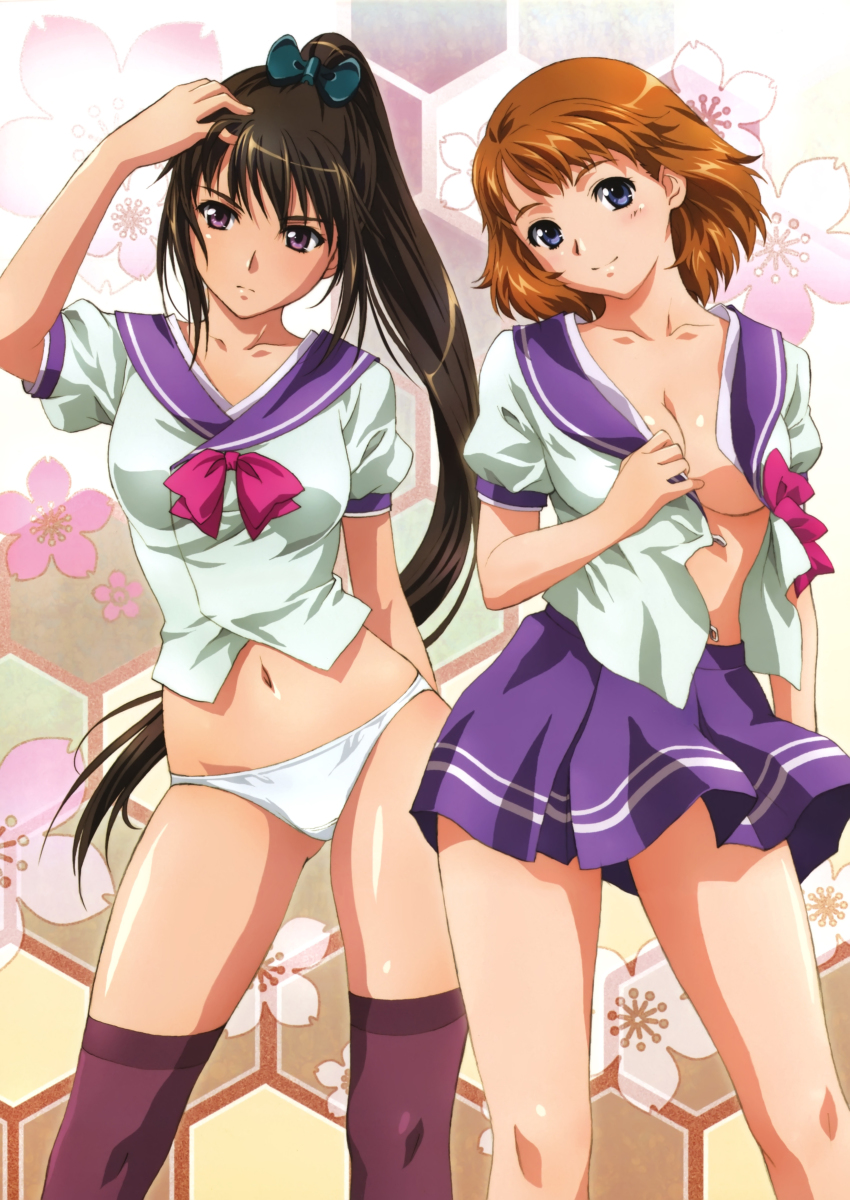 2_girls absurd_res adjusting_hair arm arm_up arms art babe bare_legs black_hair black_legwear blue_eyes blush bow breasts brown_hair cleavage female floral_background hair_bow head_tilt hexagon high_res honeycomb_background legs long_hair looking_at_viewer looking_away midriff multiple_girls navel no_bra no_pants open_clothes open_shirt panties ponytail purple_eyes rin-sin school_uniform serious shiny shiny_hair shiny_skin short_hair skirt smile standing stockings underwear undressing white_panties