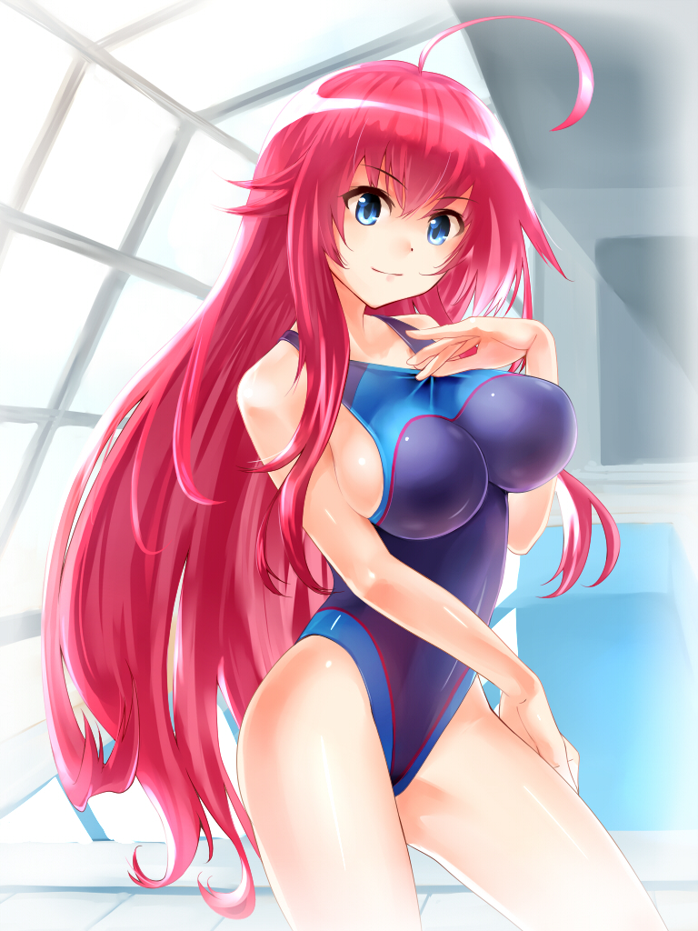 1girl ahoge blue_eyes breasts competition_swimsuit cowboy_shot high_school_dxd hitotose_(spiralray) huge_ahoge indoor_pool indoors large_breasts long_hair looking_at_viewer one-piece_swimsuit pool red_hair rei_no_pool rias_gremory smile solo spiralray swimming_pool swimsuit very_long_hair