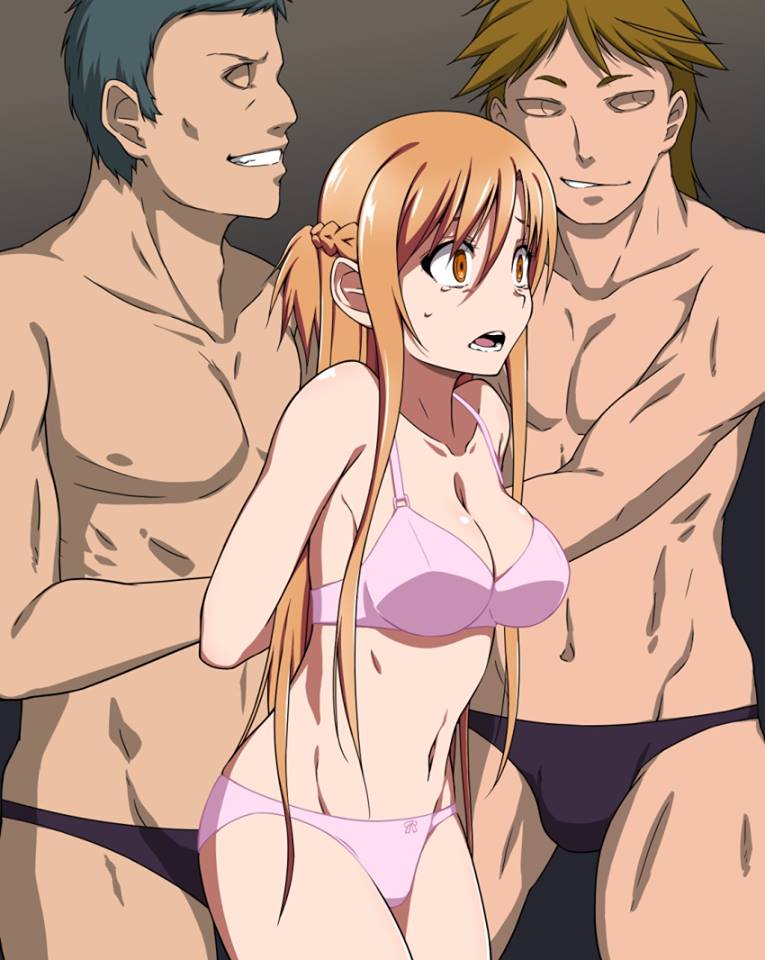 1girl 2boys arm_grab arms_behind_back asuna_(sao) bra breasts brown_background cleavage forced group_sex highres imminent_rape large_breasts legs long_hair looking_away multiple_boys navel orange_eyes orange_hair panties pink_bra pink_panties puge simple_background smile standing sword_art_online thighs threesome underwear