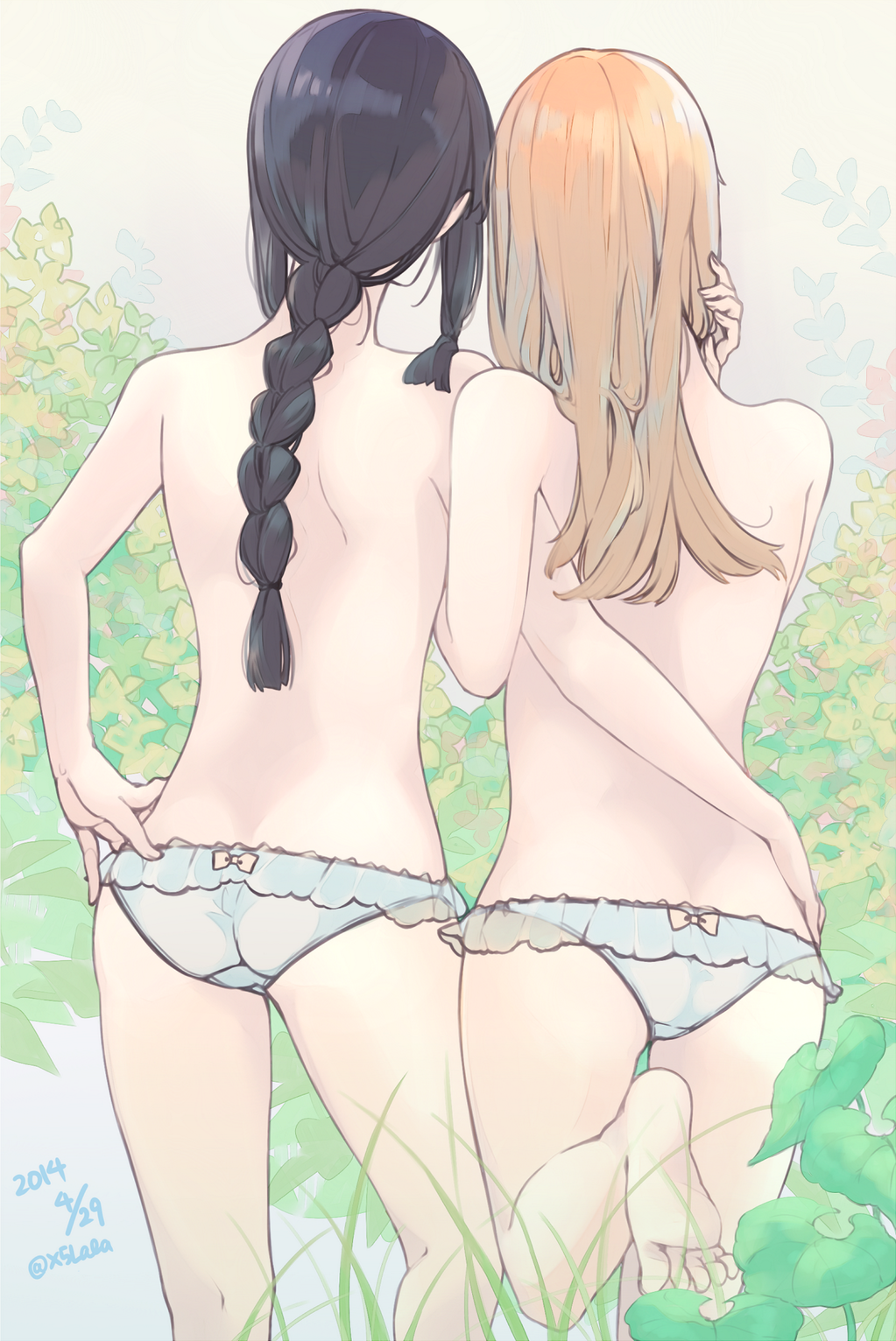 2girls arms art artist_name ass back bangs bare_back bare_shoulders barefoot black_hair bow bow_panties braid error female female_only frilled_panties frills from_behind green_panties highres kantai_collection kitakami_(kantai_collection) long_hair matching_outfit multiple_girls mutual_yuri no_bra ooi_(kantai_collection) orange_hair panties panties_only personification ribbon saki_hajime signature standing topless twitter_username underwear underwear_only x5lala yuri