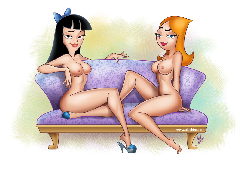 2_girls 2girls alex_hiro black_hair blue_eyes bow breasts brown_eyes candace_flynn couch disney feet hair high_heel lipstick looking_at_viewer multiple_girls nipples nude orange_hair phineas_and_ferb red_lipstick shiny shiny_skin sitting smile stacy_hirano white_background