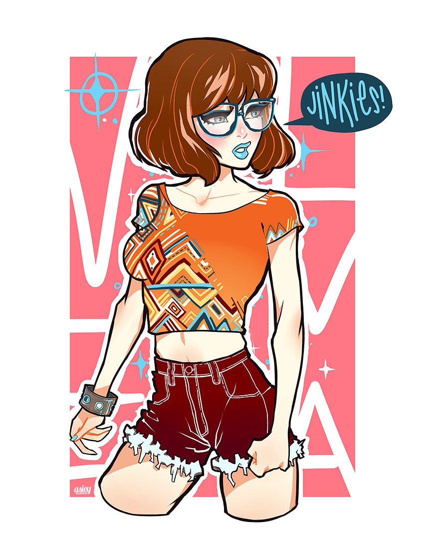 1girl alternate_costume alternative asia_kendrick-horton blue_lipstick blush bracelet breasts brown_hair casual clenched_hand collarbone contemporary cowboy_shot crop_top cropped_legs cutoffs female_only glasses jewelry jinkies! lipstick makeup midriff nail_polish orange_shirt scooby-doo shirt short_hair short_shorts shorts solo_female velma_dinkley