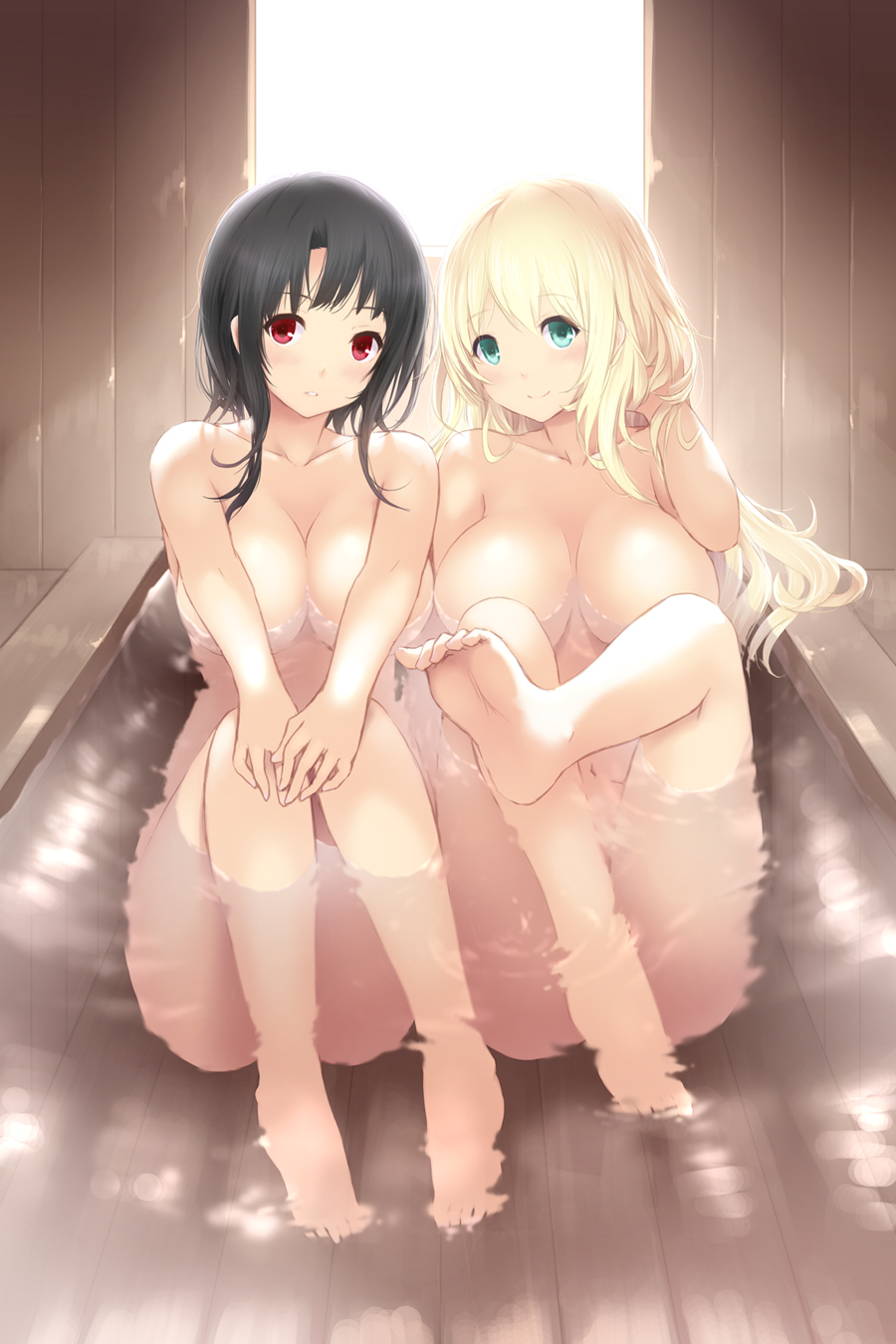 2girls atago_(kantai_collection) babe backlighting barefoot big_breasts black_hair blonde_hair blue_eyes blush breasts cait convenient_leg feet female hands_on_knees hands_on_own_knees high_res highres kantai_collection large_breasts leg_lift looking_at_viewer multiple_girls navel nude parted_lips personification red_eyes sauna shared_bathing shy sitting smile submerged takao_(kantai_collection) water yuri