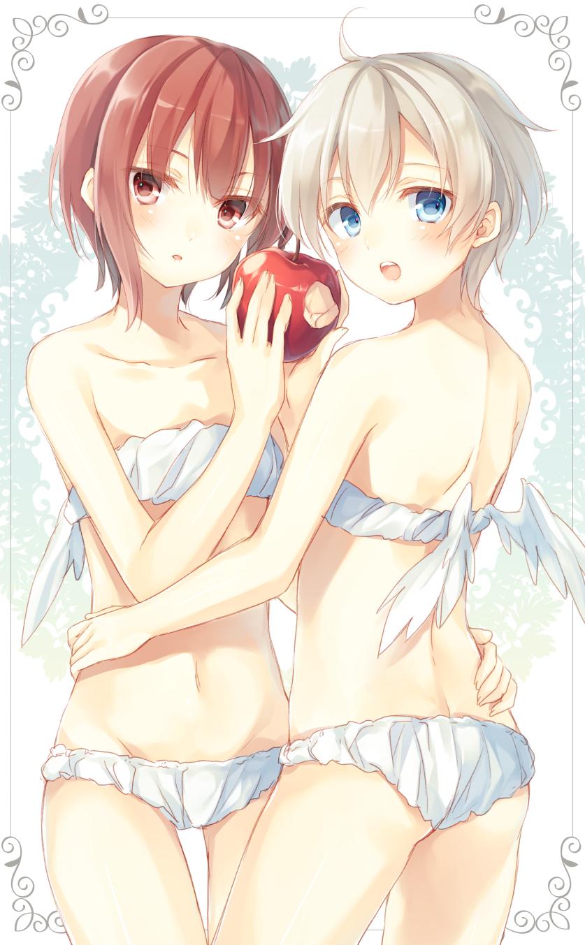 2girls angel_wings apple arms back bare_back bare_legs bare_shoulders blonde_hair blue_eyes blush brown_eyes brown_hair collarbone food from_behind fruit hand_on_another's_hip high_res highres hugging kantai_collection legs looking_at_viewer looking_back midriff multiple_girls mutual_yuri navel neck open_mouth short_hair toosaka_asagi underwear underwear_only wings yuri z1_leberecht_maass_(kantai_collection) z3_max_schultz_(kantai_collection)