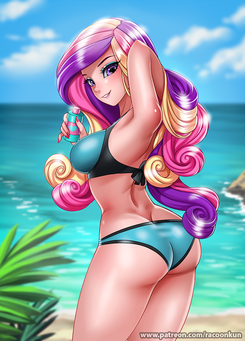 1girl ass beach equestria_girls eyeshadow female female_human female_only friendship_is_magic humanized long_hair looking_at_viewer my_little_pony outdoor outside painted_nails princess_cadance racoonkun solo standing swimsuit three-tone_hair
