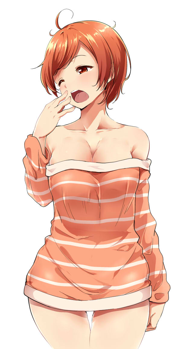 1girl ahoge alp art babe bare_legs bare_shoulders blush breasts brown_eyes cleavage collarbone female hair harumi_sawara highres legs long_sleeves looking_at_viewer messy_hair naked_sweater neck off_shoulder one_eye_closed open_mouth orange_hair ribbed_sweater shiny shiny_hair short_hair simple_background solo standing striped striped_sweater thigh_gap tokyo_7th_sisters white_background wince yawning