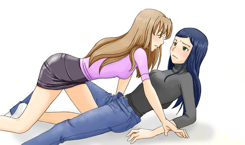 2girls all_fours arm_support bare_legs blue_hair blush breasts eye_contact female fujino_shizuru green_eyes grin hair kuga_natsuki legs light_brown_hair long_hair looking_at_viewer love multiple_girls my-hime naughty_face pants parted_lips red_eyes shy simple_background skirt smile sweater turtleneck white_background yuri