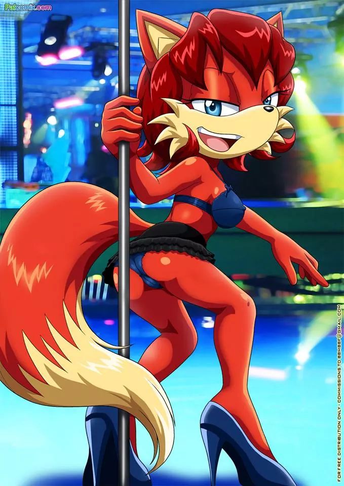 1girl archie_comics ass bbmbbf blue_eyes bra breasts female fiona_fox furry high_heels looking_at_viewer mobius_unleashed open_mouth palcomix panties red_hair sega skirt solo sonic_(series) sonic_the_hedgehog_(series) stripper stripper_pole tagme tail