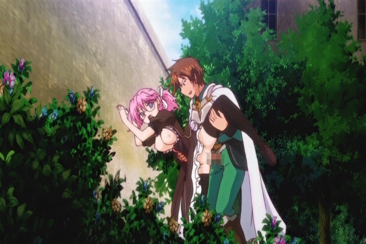 1boy 1girl against_wall animated animated_gif bent_over blush breasts breasts_outside censored clothed_sex gif glasses hetero leg_lift maid nipples no_panties pink_hair purple_eyes rance_01 sex sill_plain thighhighs vaginal