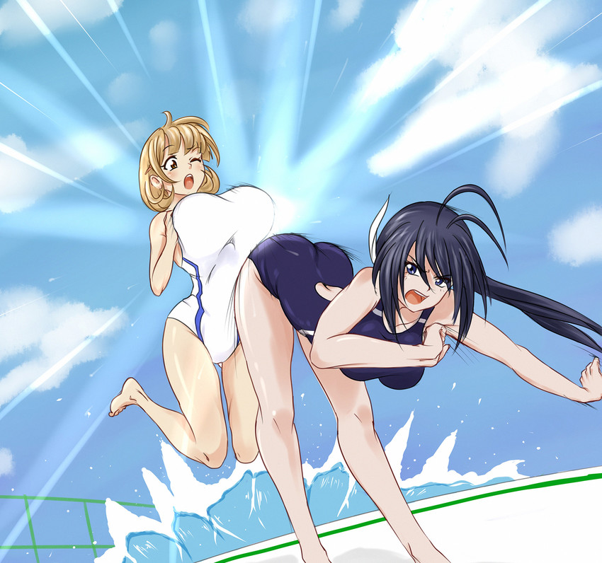 2girls ;o antenna_hair ass black_hair blonde_hair blue_eyes breasts brown_eyes cloud commentary_request competition_swimsuit crossover day dutch_angle eyebrows eyebrows_visible_through_hair eyes_visible_through_hair highres hip_attack huge_breasts kaminashi_nozomi keijo keijo_land_field long_hair multiple_girls narusawa_ryouka occultic;nine one-piece_swimsuit one_eye_closed open_mouth outdoors ponytail season_connection sky speed_lines swimsuit viperxtr water
