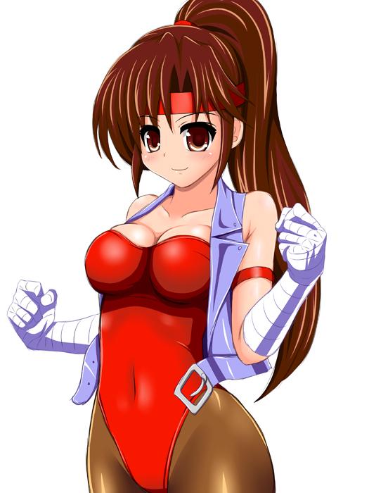1_girl 1girl art babe bandage bare_shoulders blush breakers breasts brown_eyes brown_hair cleavage clenched_hand clenched_hands clothed_navel collarbone female fighting_stance headband high_res jacket leotard long_hair looking_at_viewer neck pantyhose ponytail simple_background skin_tight smile solo tia_langray vest white_background wrist_wraps yaeba