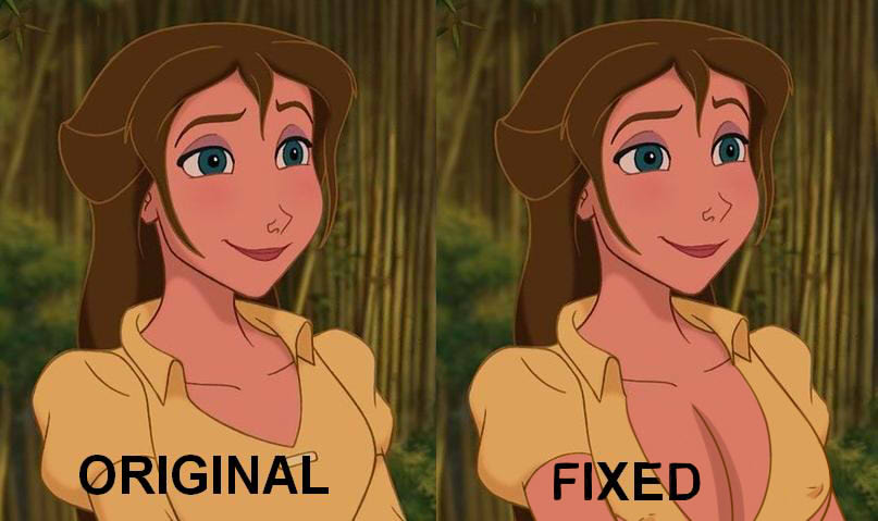 before_and_after big_breasts breasts cleavage disney edit female female_only fixed jane_porter large_breasts nipples_visible_through_clothing no_bra original shirt_open tarzan