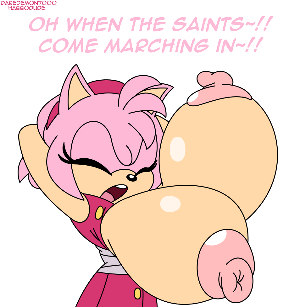 amy_rose big_breasts breasts closed_eyes clothes daredemon7000 english_text erect_nipples female habbodude hair hedgehog hips huge_breasts nipples pink_hair sega solo sonic sonic_(series) sonic_boom text