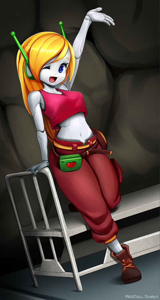 1girl ;) android ankle_boots arm_up bed belt belt_pouch blonde_hair blue_eyes boots breasts capri_pants cave_story curly_brace doukutsu_monogatari dutch_angle eyebrows full_body green_panties headphones heart leaning leg_lift long_hair midriff navel neocoill no_hat one_eye_closed panties pants robot_ears robot_joints smile solo tank_top underwear very_long_hair white_skin