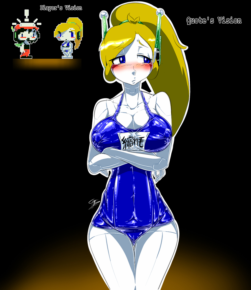 big_breasts blue_eyes breasts cameltoe cave_story cleavage curly_brace erect_nipples female gblastman headphones male nipples one-piece_swimsuit quote robot_boy robot_girl swimsuit yellow_hair