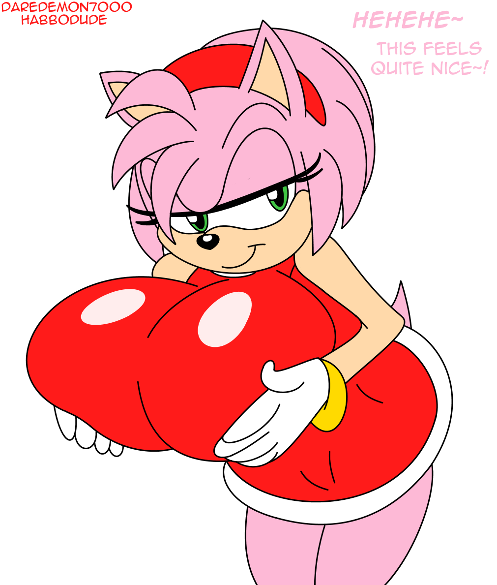 amy_rose big_breasts breasts clothes daredemon7000 english_text female green_eyes habbodude hair hedgehog hips huge_breasts looking_at_viewer pink_hair sega smile solo sonic sonic_(series) text wide_hips
