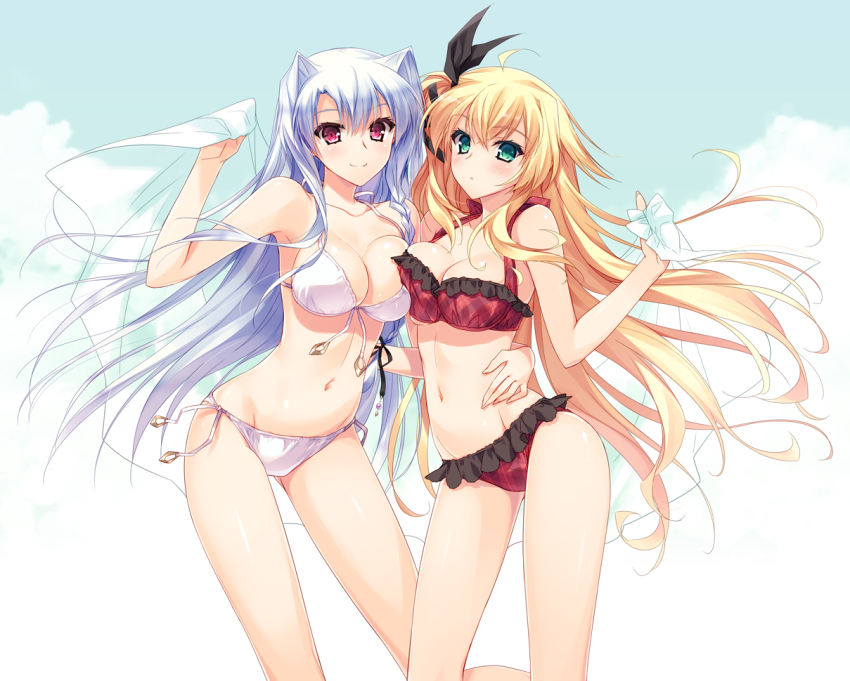 2girls 5:4_aspect_ratio ahoge art babe big_breasts bikini blonde_hair blush breast-to-breast breast_press breasts cleavage clothing estelle_norn_stern female frilled_bikini frilled_swimsuit frills front-tie_top game_cg green_eyes hair hair_intakes hair_ornament hair_ribbon halterneck hand_on_another's_hip hand_on_hip high_res hugging ignis_no_meiyaku_kishi kenkoku_no_jungfrau lavender_hair light_purple_hair long_hair looking_at_viewer multiple_girls navel one_side_up photoshop_(medium) plaid plaid_bikini plaid_swimsuit potential_duplicate purple_hair red_bikini red_eyes red_swimsuit ribbon shy side-tie_bikini side-tie_bikini_bottom smile swimsuit symmetrical_docking tina_valerie towel very_long_hair white_bikini white_hair white_swimsuit yasaka_minato yuri