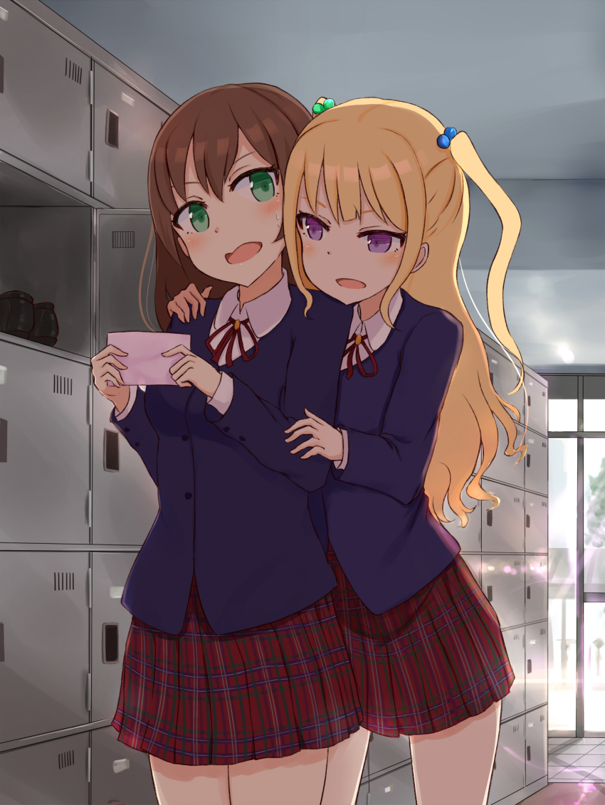 2_girls 2girls bare_legs blonde_hair bowtie brown_hair buttons female from_behind green_eyes hair_bobbles hair_ornament hand_on_another's_shoulder high_res highres hug hug_from_behind hugging indoors legs letter locker_room long_hair multiple_girls nagou_nono open_mouth original plaid plaid_skirt purple_eyes school_uniform shoes shoes_removed short_hair skirt standing sunlight sweat sweatdrop twintails yuri