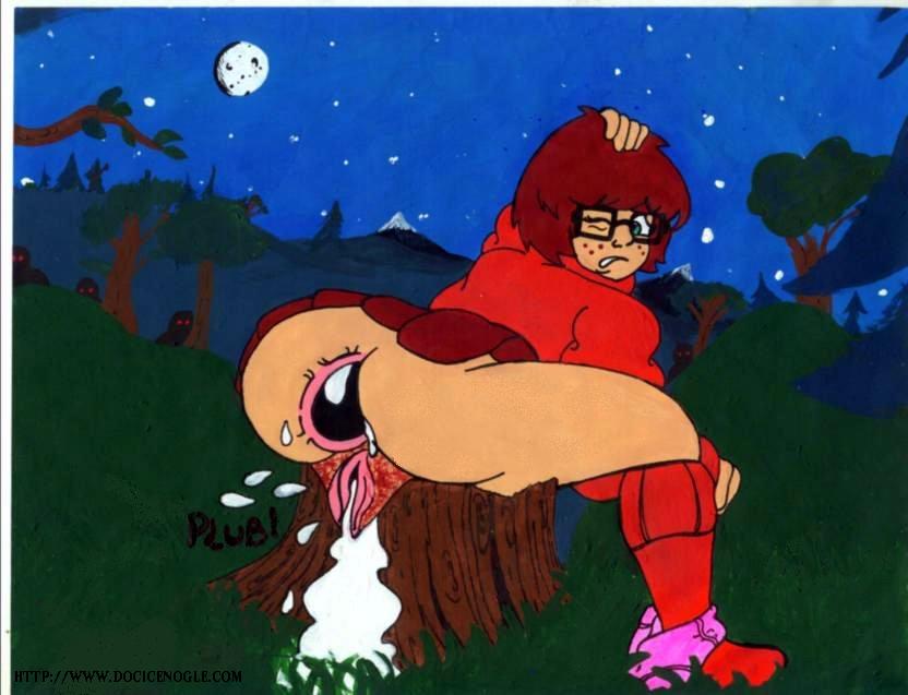 1_female 1_female_human 1girl after_sex ass being_watched bottomless butt cum cum_in_pussy cum_leaking doc_icenogle female female_human forest glasses group looking_at_viewer moon night panties_around_one_leg red_hair scooby-doo sitting skirt velma_dinkley