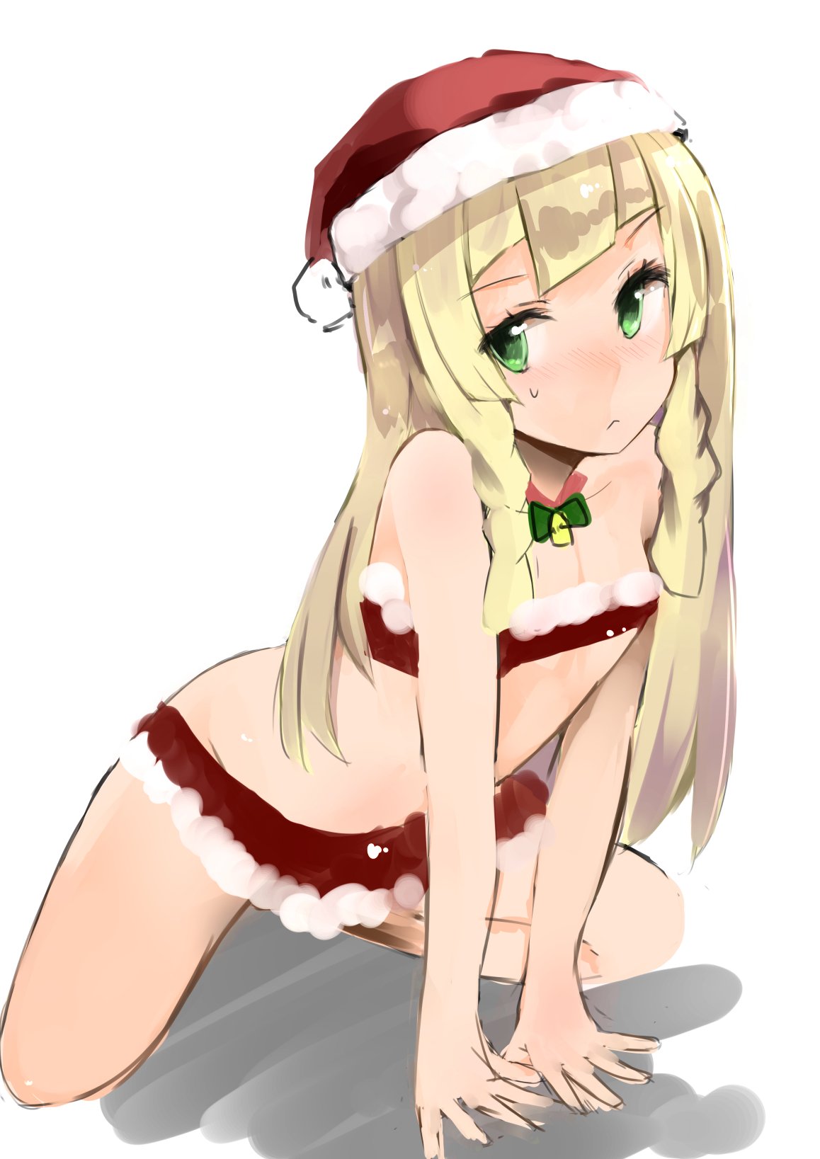 1girl bare_arms bare_legs bell blonde_hair blush breasts christmas cleavage green_eyes hands_on_floor hat highres lillie lillie_(pokemon) long_hair looking_to_the_side muoto navel pokemon pokemon_(game) pokemon_sm santa_costume santa_hat simple_background solo squatting twitter underwear white_background